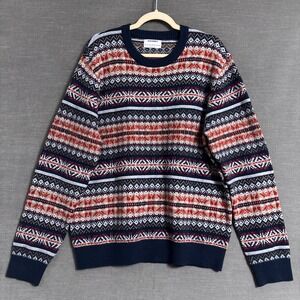 Old Navy Sweater L Blue Red Fair Isle Cotton Blend Pullover Holiday Christmas